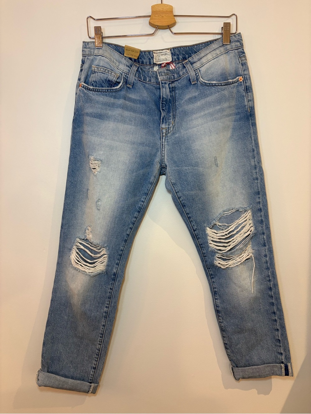 Current/Elliott The Fling Slim Boyfriend Jeans 27 Distressed Light Wash Designer